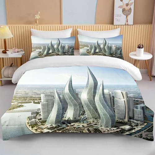 Bettwäsche 135x200cm 3Teilig Dubai-Architektur Bettwäsche-Sets Dubai Wind Candle Building Kinder 3 Teilig Mikrofaser 3D Motiv Modern Bettdeckenbezug Mit Reißverschluss und 2 Kissenbezug 80x80cm