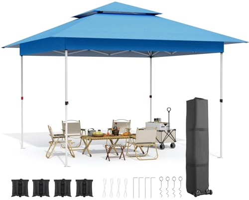Cenador Plegable de 3,6 x 3,6 m, Resistente al Agua, Estable, 4 Sacos de Arena, Doble Techo, Carpa de jardín, Altura Ajustable (265-275-285 cm), para Patio, Mercado, Camping, Playa (Azul)