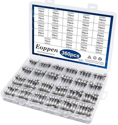 Eoppen 360pcs Fast Blow Glass Fuse Assortment Kit 22 Values Fuses Kit 0.5A 1A 2A 3A 5A 6A 8A 10A 15A 20A 6x30mm,250V 0.2A 0.5A 1A 2A 3A 4A 5A 8A 10A 12A 15A 20A 5x20mm Tube Fuses Set