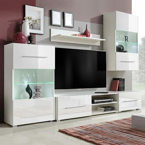 Homgoday Mobile TV a Parete con Vetrina 5 pz Illuminazione LED Bianco, Mobili Tavolino per TV,Mobile Porta TV Soggiorno,Mobiletto Basso per TV da Salotto Industriale Supporto TV