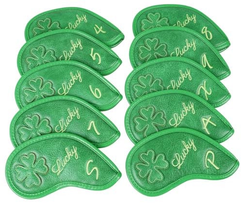 Golf Headcovers Golf Club Head Covers Four Leaf Clover Good Luck Charm - Clover Style Premium Leather Driver Fairway(FW) Wood Hybrid(UT) with Number Tags (10pcs (4-9,P,A,S,X) Iron Club Covers-Green)