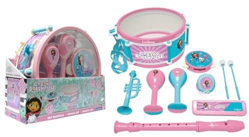 Lexibook, Gabby's Dollhouse, Set mit 7 Musikinstrumenten (Trommel, Maracas, Kastagnetten, Mundharmonika, Flöte, Trompete, Tamburin), Musikspielzeug, handlich zum Mitnehmen, rosa/blau, K360GDH