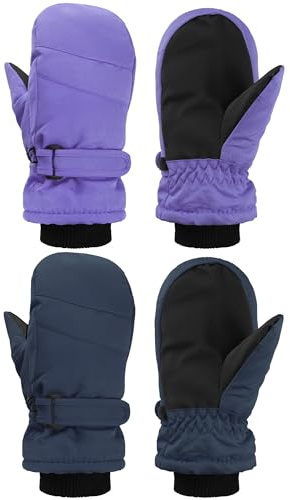 SATINIOR 2 Pairs Kids Snow Mittens Waterproof Winter Ski Gloves Warm Thicken Snow Gloves for Girls Boys(Purple, Navy Blue,3-5 Years)
