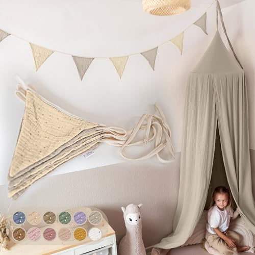 LILIMAUS Wimpelkette Stoff [mit Goldapplikation in 12 Farben] Wimpelkette Kinderzimmer - 100% Baumwolle Handmade Girlande Stoff - Wimpelkette Musselin - Hausbett Deko Mädchen & Jungen für Babyzimmer