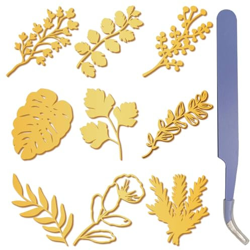 craspire 9 Stück Blätter Blumen Gold Metall Aufkleber 1,5 x 1,5 Zoll Boho Farn Palm Leaf Aufkleber Mit Pinzette Wasserdicht Selbstklebend Nickel Dekorieren Aufkleber Abziehbilder Für Scrapbooks DIY