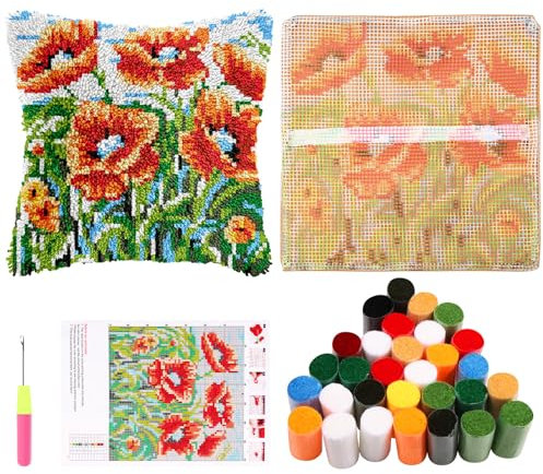 Guniata Knüpfkissen Set für Erwachsene,43 cm,DIY Knüpfkissenbezug Set mit Häkelgarn,Handgefertigter Kissenbezug,Nadelarbeit für Sofa Dekoration(Blume)