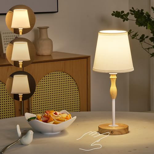 Cordless Table Lamp, 4000mAh Rechargeable Battery Operated, Portable 3-Level Brightness LED Touch Beside Lamp, Metal Wood with Fabric Shade Night Light for Bedroom, Patio, Restaurant (White)