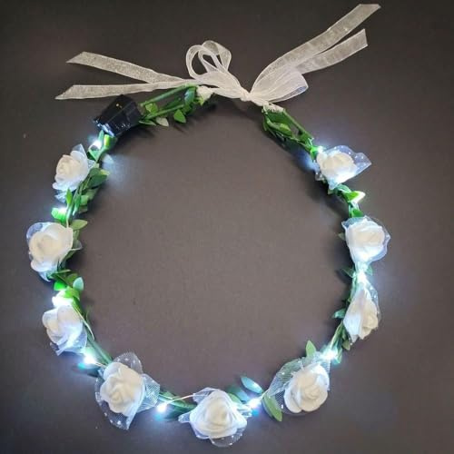 Couronne de fleurs LED vintage blanche - Couronne de fleurs lumineuses LED - Coiffe de mariage - Cerceau pour cheveux - Faveurs de fête
