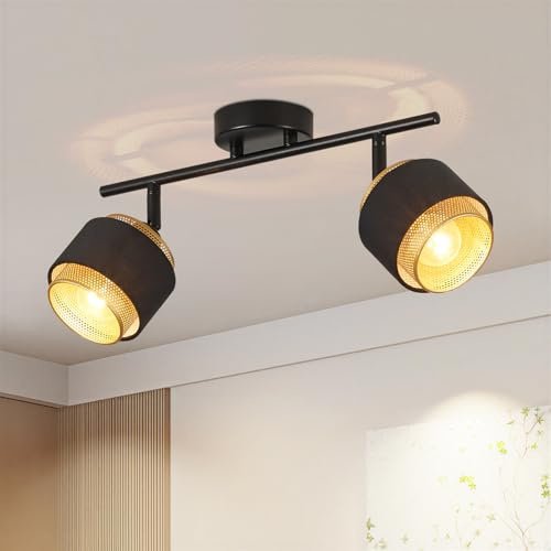 HARPER LIVING 2 Way Ceiling Spotlights, Black & Gold Spot Light Fittings, 2xE14 40W Max, 90°+350° Rotation Heads, Metal Mesh & Fabric Shade Track Lighting Ceiling for Kitchen Living Room Bedroom