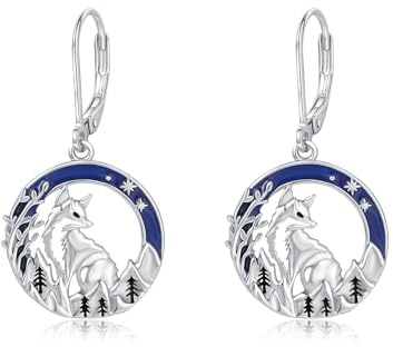 Wolf Ohrringe aus Sterlingsilber Tieranhänger Schmuck mit Bergen und Bäumen Geburtstags Weihnachten Geschenke für Damen (Tier ohrringe-wolf ohrringe)