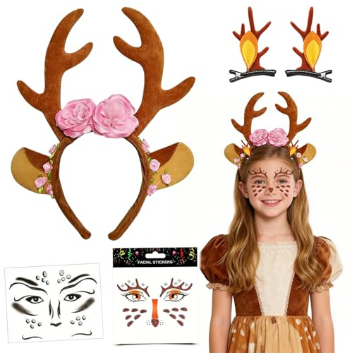 Reh Haarreif Damen Mädchen, Reh Geweih Haarreif mit Blumen, Rehohren Haarreifen mit Gesichtstattoo, Reh Hörner Kostüm Kopfschmuck Accessoires, Rentier Kostüm Zubehör für Karneval Fasching Cosplay