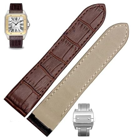 yeziu Lederarmband für Cartier Santos Santos 100 Uhrenarmband mit Faltschließe(Brown silver Buckle,23mm)