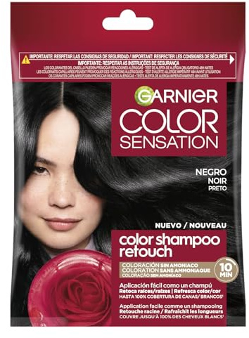 GARNIER - Pack 3 Color Sensation Color Shampoo Retouch 1.0 Negro – Tinte Semipermanente Retoca Raíces Sin Amoníaco – Cobertura 100% de Canas en 10 Minutos