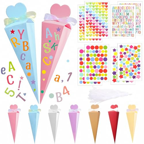 35 Pièces Sachet Bonbon Cornet de Bonbons Forme Cônes Sac Cadeau | Cône Joli Sac Conique Cornet Surprise Cadeaux De Rentrée avec 16 Autocollants Pour Garçons et Filles,Robustes et Unisexes