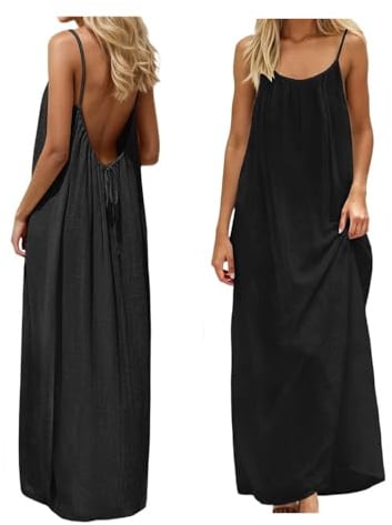 Backless Cami Dress Backless Dress House Dress for Women Sleeveless Long Cami Lounge Dress Backless for Indoor Summer Wear (US, Alpha, Large, Regular, Regular, Black)
