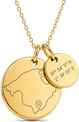 Personalisierte Kette Damen mit Gravur – Weltkarte Anhänger | Wunschland & Stecknadel, Koordinaten automatisch, Symbol & Wunschtext hinten, Geschenk Frau oder beste Freundin