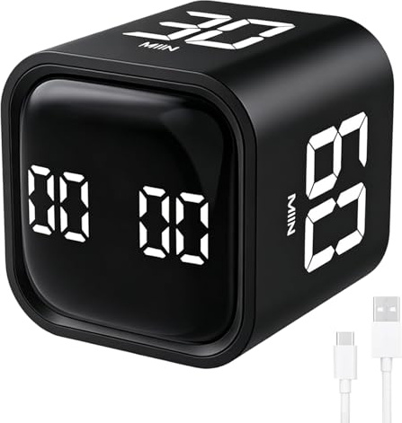 Vexnaro Temporizador Pomodoro, Cubo Temporizador Digital Rotativo | Cuenta Atrás 5/10/30/60 Minutos Batería Integrada para Cocina Estudio Oficina Gestión del Tiempo
