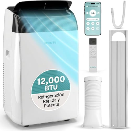 SereneLife Climatiseur portable 12 000 BTU avec WiFi, AC compact 3 en 1 : refroidissement, déshumidificateur et ventilateur, contrôle par application, mode sommeil, kit de fenêtre pour maison, bureau