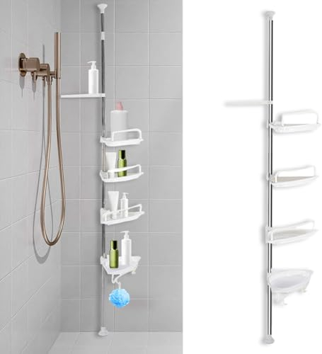 Badezimmer Eckregal, 4 Etagen Edelstahl Dusche Rack Caddy Badezimmer Teleskop Regal Organizer-Einheit Ordentlich Korb mit Haken, Höhe verstellbar 105-310 cm