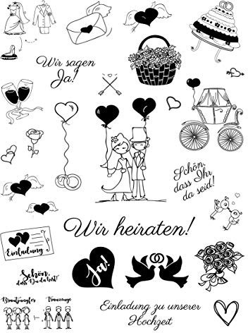 Stempelset Hochzeit - 27 Clear Stamps auf A5 - für unvergessliche Hochzeitskarten, Tischkarten, Danksagungen uvm.