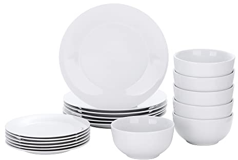 VEWEET Geschirrset für 6 Personen, modernes Tafelservice aus Porzellan, 18-teilig – mit Esstellern, Desserttellern und Müslischalen, in Weiß, mikrowellen- und spülmaschinengeeignet, Serie BASIC