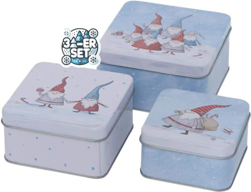 CasaJame 3er Set Metall Keksdose Plätzchendose eckig hellblau Weihnachtswichtel sortiert 9-12cm