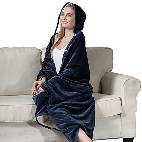 malyituk Sherpa Poncho Decke Super weich mit Schicht Mütze mit Ärmeln 2-in-1 Ärmeldecke Kissen Supersized mit Fußtasche Blau, 59 x51