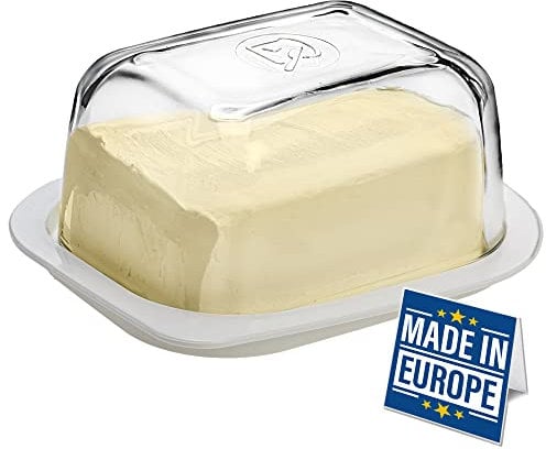 CRYSTALIA Beurrier en Verre Avec Couvercle, 405 cc, 100 % Sans Plomb, Sans BPA Plateau, Beurrier Blanc Avec Couvercle, Beurrier en Verre Avec Plateau en Plastique, Beurrier Avec Couvercle