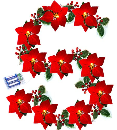 Amzeeniu Weihnachten Rote Blumen Girlande 3M 20 LED Samt Rote Blumen Lichterkette mit Roten Beeren und Stechpalme Blättern Batteriebetrieben,Künstlich Poinsettia Girlande Weihnachten Dekofür Haustür