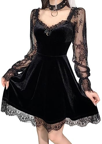 Xiangdanful Damen Kleid Sommer Minikleid Gothic Kleid T Shirt Kleid Hoodie Retro Vintage Steampunk Röcke Punk Kleid Lolita Langarm Mit Kapuze Swing Cosplay Kostüm Fasching Fasnacht Karneval Party