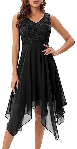 Meetjen Damen Cocktaikleid Knielang Festlich Abendkleider Elegant Kleid Hochzeitsgast Abschlusskleid Schwarz L