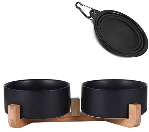Petygooing Dog Bowls,Black Ceramic Cat Dog Bowl Set with Wood Stand for Food and Water,Non-Slip Cute Modern Pet Dish Set for Cats Small and Medium Dogs (28OZ/6.1 in)