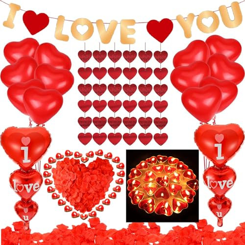 Romantic Decorations - Candles Petals Balloons Decorations Kit - 50 Red Heart Shaped Scented Candles,1000PCS Red Rose Petals,Heart Foil Balloons for Valentines Day Decor Engagement Wedding Anniversary