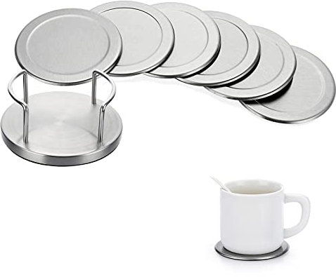 BTSKY 6 Stück 10 x 10 cm Getränkeuntersetzer aus gebürstetem Edelstahl mit Ständer, runde Untersetzer mit Schwammboden, Getränkeuntersetzer Tasse Glasmatte