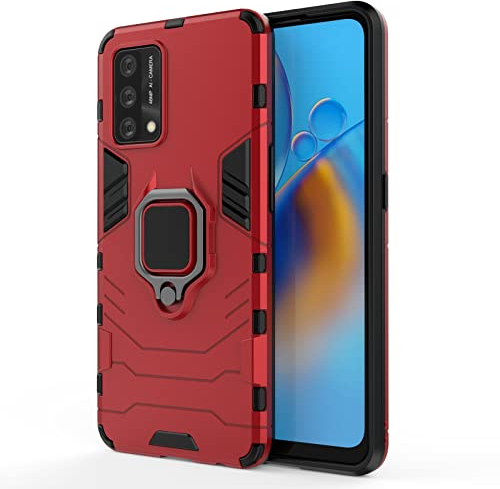 Max Power Digital Hülle für Oppo A74 4G Drehbar Ringhalter Cover Magnet Bumper Handyhülle Case Stoßfest Doppelschichter Schutzhülle Outdoor Shock Absorption Mit Ring (Rot)
