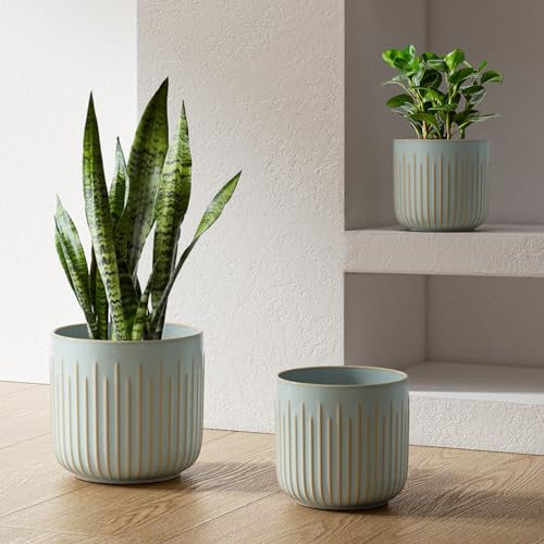 LE TAUCI Ceramic Plant Pots Set, 21+17.5+14.5 cm Indoor Plant Pots, Flower Pots with Drainage Holes, Medium Cylinder Planters for Indoor House Plants, Set of 3, Reactive Glaze Blue Gray