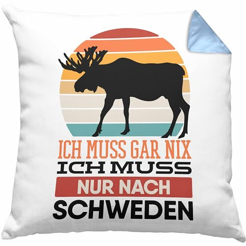 Trendation Ich Muss Gar Nix Ich Muss Nur Nach Schweden Kissen mit Füllung 40x40 Geschenk Reise Schweden-Reise Elch (Blau)