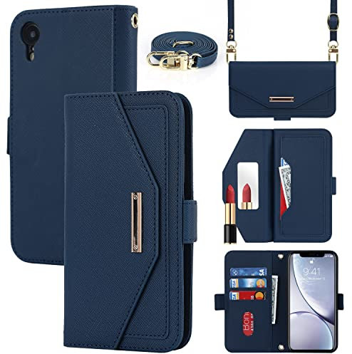 Cavor Coque Compatible avec iPhone XR Etui avec Cordon,Flip Portefeuille Étui Cuir,[5 Porte Cartes][Miroir][Magnétique][Réglable Collier] Housse - Bleu