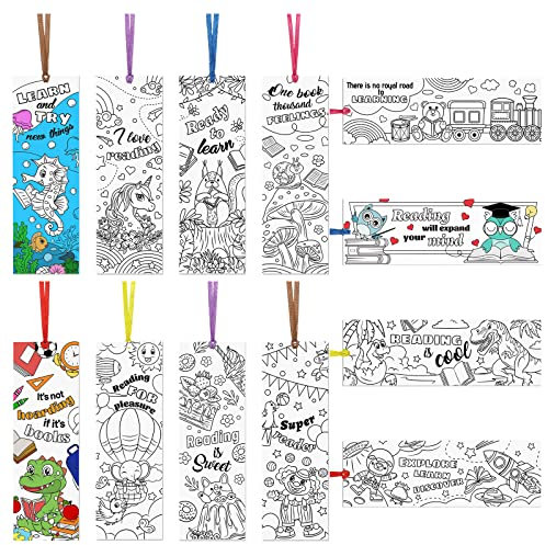 MWOOT 36 Stücke Color Your Own Papier Lesezeichen, Doppelseitige DIY Malbuch Paper Bookmarks mit Bändern, Inspirierende Page Marker für Kinder Studenten Klassenzimmer Lesezubehör(12 Stile,15x5CM)