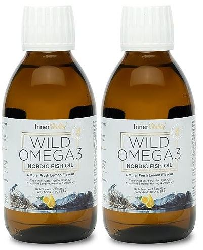 Omega 3 Fish Oil Liquid - Natural Fresh Lemon Flavour with NO Fishy Taste, High Strength DHA/EPA - 400ml Made from Wild Caught Nordic Fish Oil | 3rd Party Tested for Purity - Inner Vitality (2-Pack)
