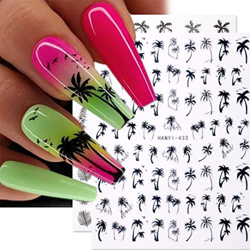 6 Feuilles Stickers Ongles Palmier D'été Fleurs Rouges Décoration D'ongles DIY Hawaïen Plage Tropicale Style Noix de Coco Manucure Tatouages Autocollants