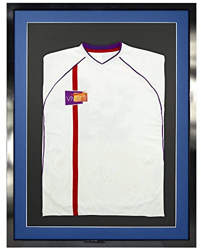 Vivarti DIY Adult 3D Mounted Sports Shirt Display Frame for Football Shirt, Rugby Shirt, Band T-Shirt Shadow Box - 60 x 80cm - Gloss Black Frame, Blue Mount, Black Backing Card