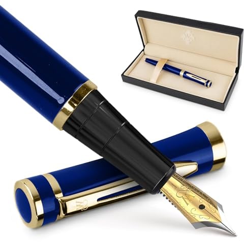 Wordsworth & Black Füllfederhalter-Set, feine 18-Karat-Goldfeder, inklusive 24 Tintenpatronen, Kolbenkonverter und Geschenkbox, goldfarben, Kalligraphie, Kaiserblau