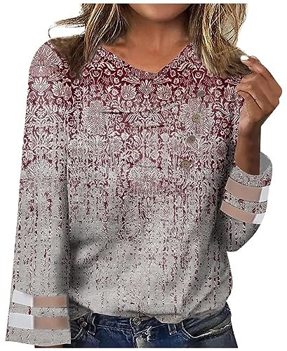Oversize Shirt Damen Plissee Klamotten Strickpullover Damen Oversize Frauen Elegant Drucken Plissee Knopfleiste V-Ausschnitt Langarm Bluse Herbst Winter Warm Basic Shirts Holzfällerhemd (2-Wine, XL)
