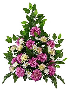 DRW Centro Flores Artificiales Cementerio, Santos, Iglesias, Aniversarios, Ceremonias, Bodas Morado con dalias, Rosas y crisantemos minis 70x65x30 cm