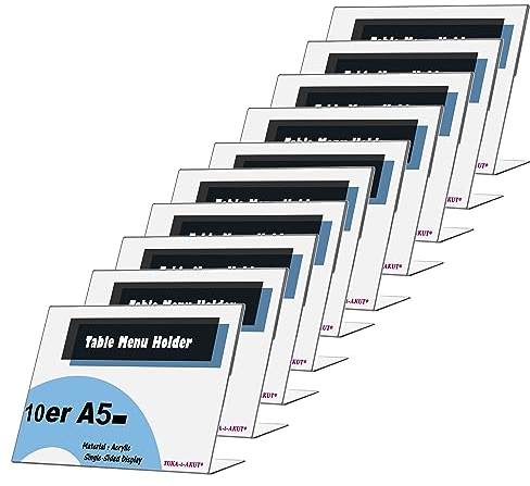 TUKA 10X A5 Quer Acryl Anzeige-Ständer Plakataufsteller, Tischaufsteller Schräg L-Ständer, Prospektständer Werbeaufsteller Flyer-Display Speisekartenhalter aus 2,5mm Acryl Glaskla, TKD8201-A5-10x