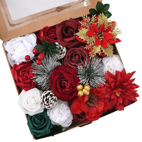 AJOYEGG Künstliche Blumen Combo Box Burgunderrot Rosen Weihnachten Rot Thema Faux Blume für DIY Baumschmuck Tafelaufsätze Arrangements Party Decor Braut Hochzeit Blumensträuße Babyparty Heimdekoration