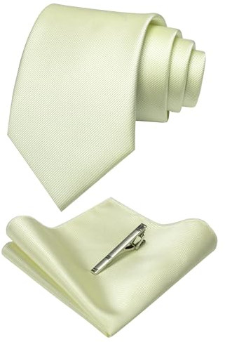 JEMYGINS Seide Krawatte Krawatten und Einstecktuch mit krawattenklammer Set für Herren Seidenkrawatten Hochzeit Schlips milchig weiß