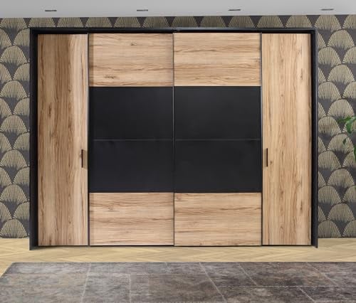 FORTE DALATE Schrank 270, Kleiderschrank, Schwebetürenschrank groß Schlafzimmer Drehtürenschrank groß Industrial, 4-türig, Holzdekor: Catania Eiche/Schwarz, 270 cm breit x 210 cm hoch x 61 cm tief