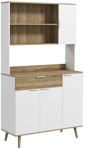 HOMCOM Armoire de Cuisine, Buffet de Cuisine, 4 Portes avec étagères réglables, 1 tiroir, Design scandinave, 98 x 39 x 180 cm, Blanc et Naturel